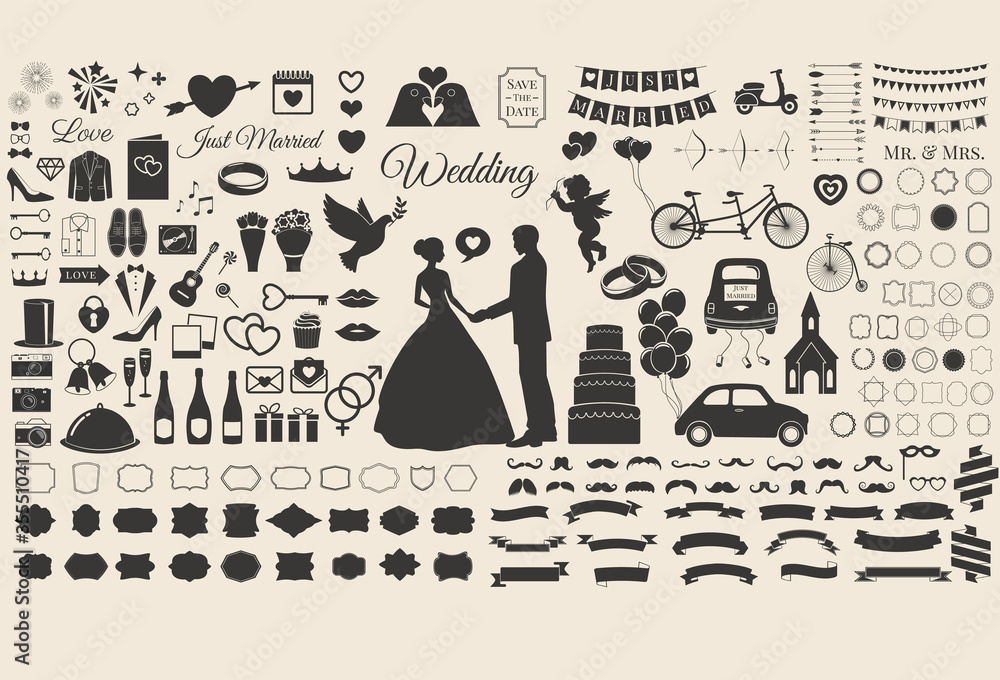 Set of Wedding Marriage, Bridal Invitation Vintage Design Elements, Designers Toolkit