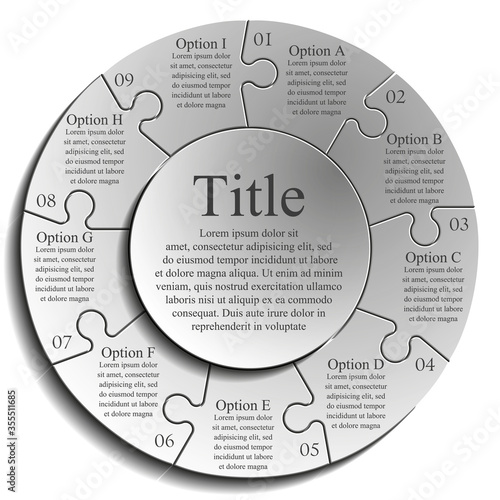 Nine sided 3d puzzle presentation infographic template with explanatory text field for business statistics