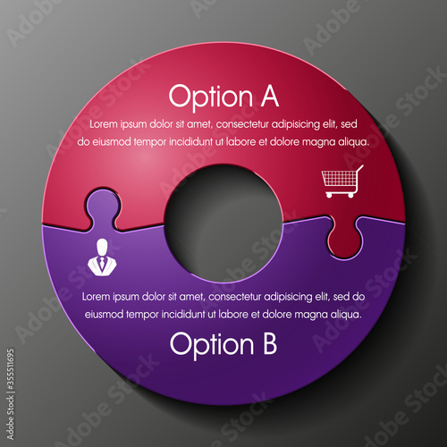 Double puzzle presentation infographic template with explanatory text field for business statistics