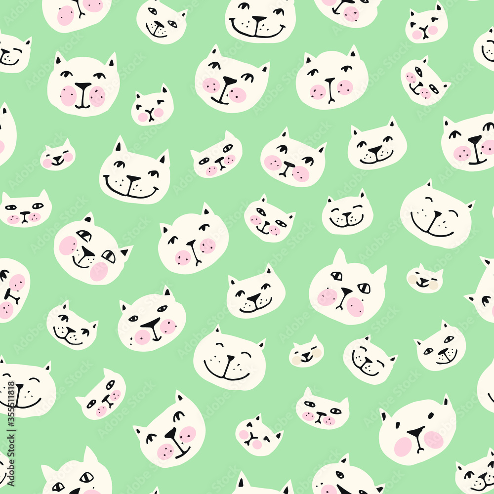 Seamless pattern with smiling cat faces. Vector illustration.