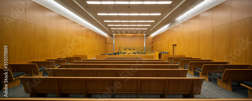 Panaramic view from the back of a courtroom