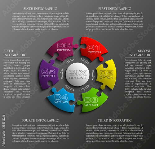 Six sided 3d puzzle presentation infographic template with explanatory text field for business statistics