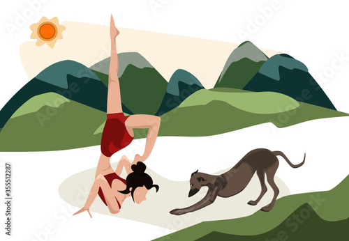 Full length of healthy young woman yoga with pet dog. (Greyhound) Attrative sport girl practicing yoga at green mountain landscape background. Meditation Psychotherapy treatment. Enjoying time alone.