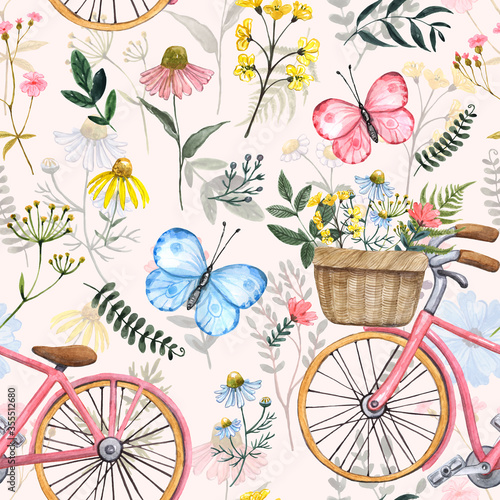 Watercolor cute and bright summer floral seamless pattern. Wild flowers, leav...
