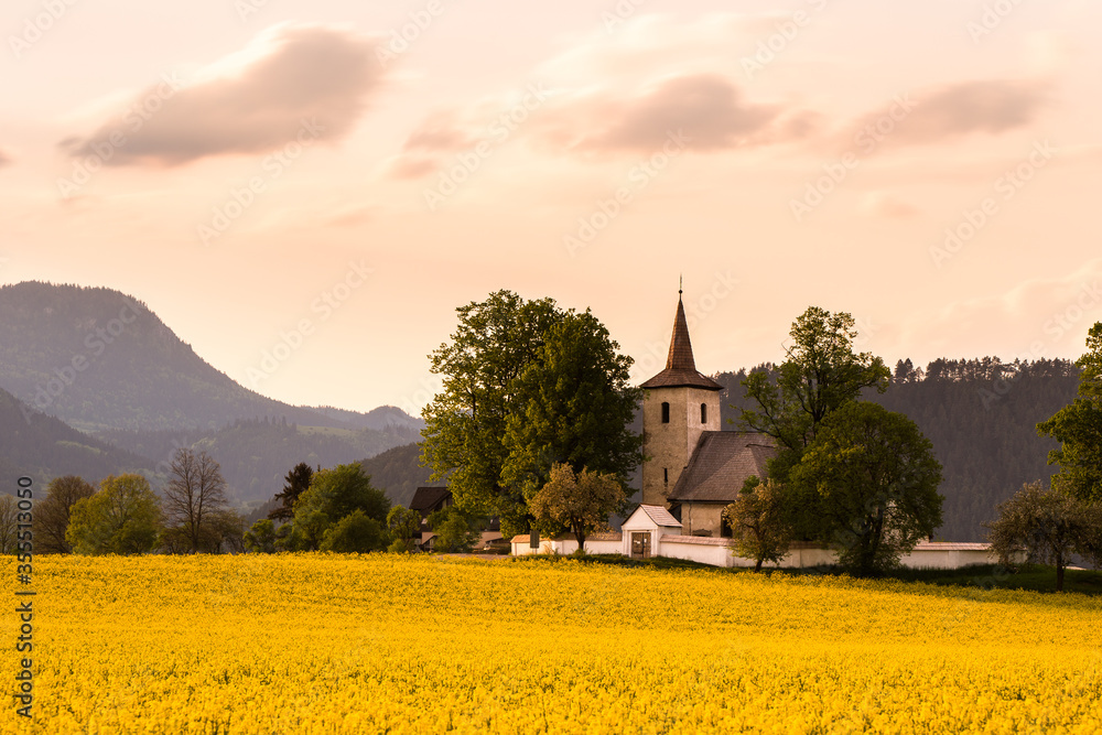 Gothic church of All saints in Liptov region in Slovakia during golden hour