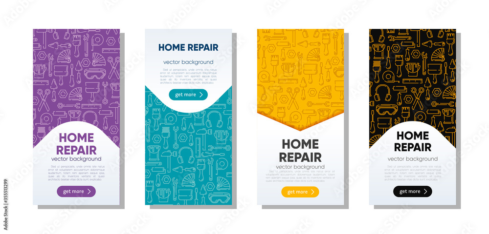 Set of banners with working tools pattern for home repair, building, construction, renovation. Сoncept illustration set, for banner, landing page, mobile app. Vector template with outline icons.