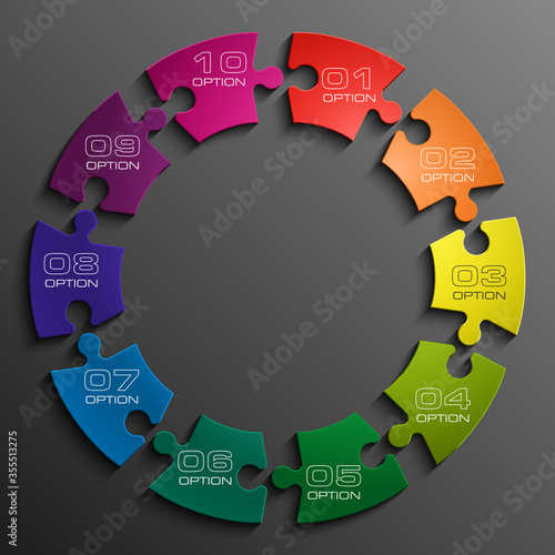 Ten sided 3d puzzle presentation infographic template with explanatory text field for business statistics
