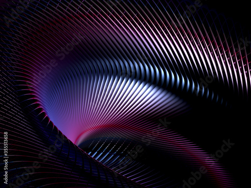 3d render of abstract art of surreal industrial machinery 3d background with part of turbine jet engine based on parallel curve wavy swirl lines pattern of sharp blades in purple metal material 