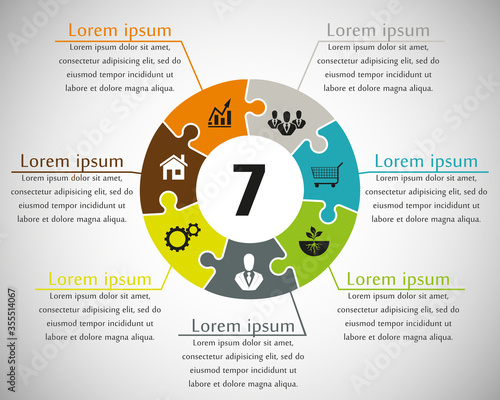 Seven sided puzzle presentation infographic template with explanatory text field for business statistics