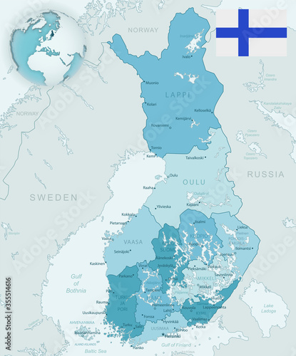 Blue-green detailed map of Finland administrative divisions with country flag and location on the globe. Vector illustration