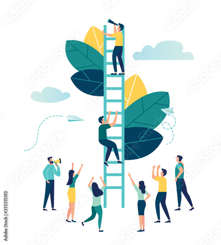 Vector illustration, a man seeks up the stairs, achieving the goal, the path to success is motivation, career advancement