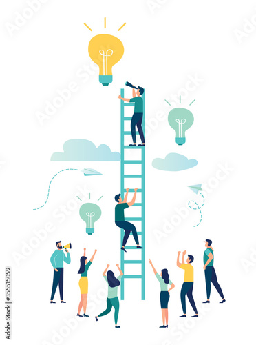 Vector illustration, a man seeks up the stairs, achieving the goal, the path to success is motivation, career advancement, search for ideas