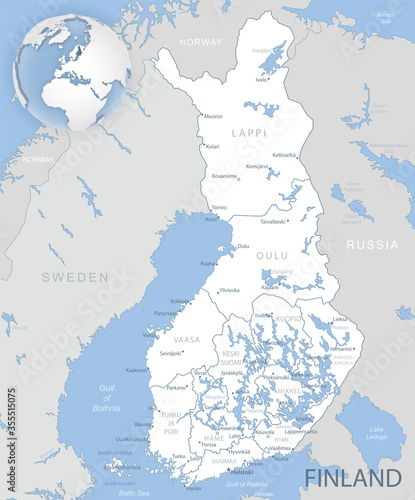 Blue-gray detailed map of Finland administrative divisions and location on the globe. Vector illustration