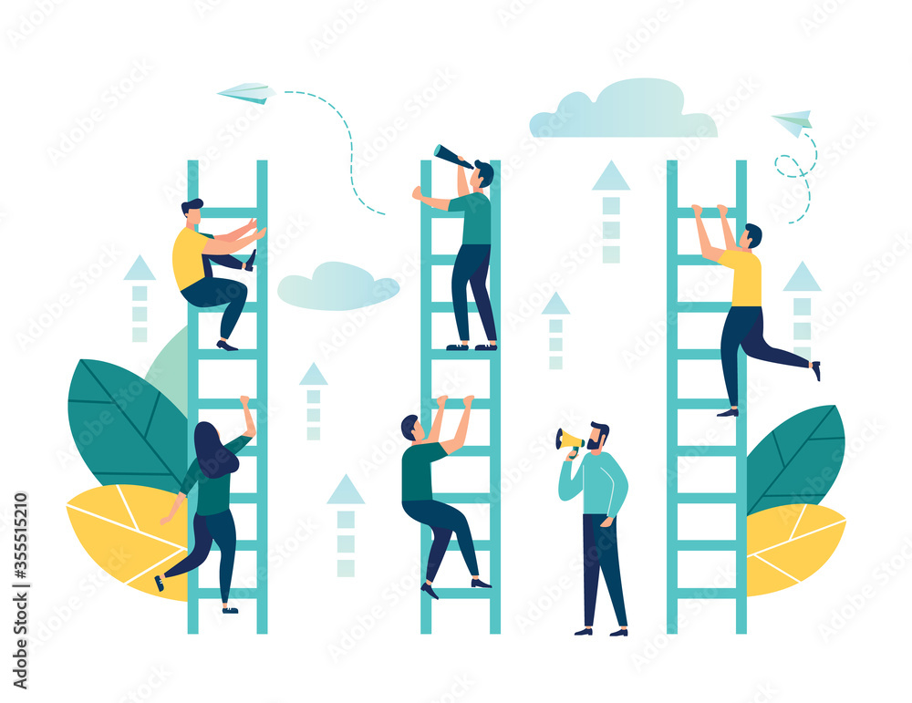 Vector illustration, a man seeks up the stairs, achieving the goal, the path to success is motivation, career advancement, search for ideas Vector illustration, a man seeks up the stairs, achieving the goal, the path to success is motivation, career advancement, search for ideas