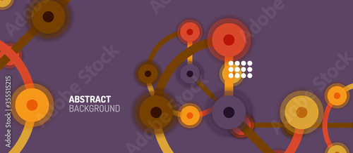 Flat style geometric abstract background  round dots or circle connections on color background. Technology network concept.