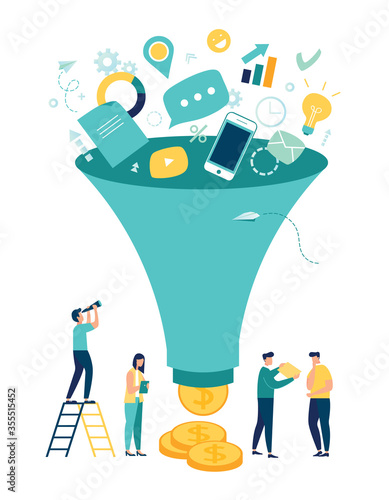 Vector illustration, digital marketing funnel leads generation with customers, marketing, sales generation and optimization