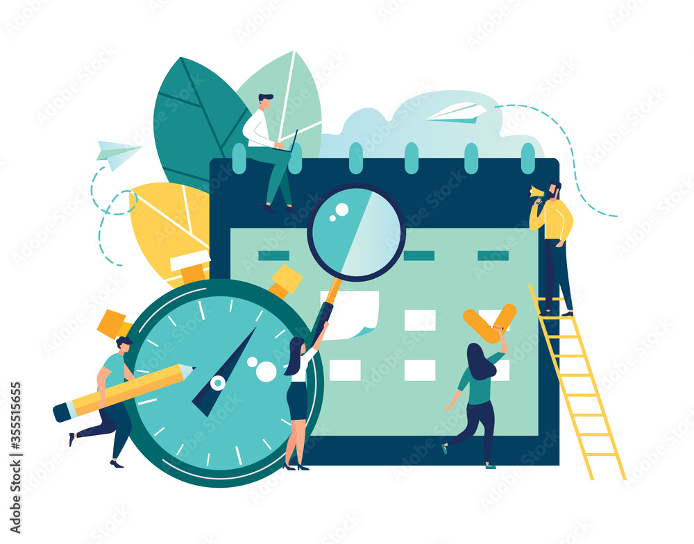 Fototapeta premium vector illustration. little people characters make an online schedule in the tablet. design business graphics tasks scheduling on a week - Vector