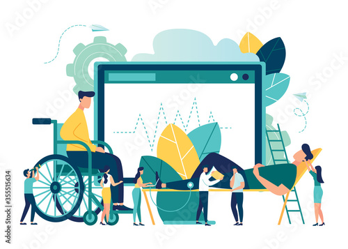 Vector illustration, hospitalization of the patient, a sick person sitting on a chair and measuring his rhythm, doctors treat the patient, routine examination, medical examination - Vector 