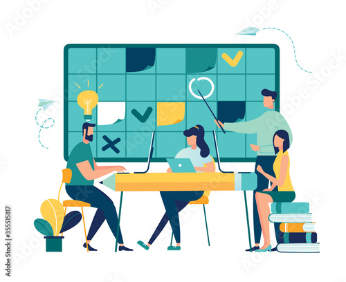 Vector illustration, fill in the calendar table, mark important dates and tasks, team thinking and brainstorming, analytics of information about the company - vector