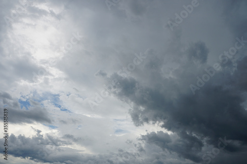 Dark sky and black clouds before rainy, Dramatic black cloud and thunderstorm, gray nimbostratus cloud bakground. 