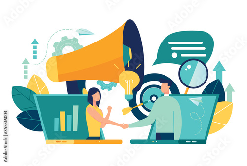 online conclusion of the transaction. the opening of a new startup. business handshake, via phone and laptop. vector illustration in a flat style investor holds money in ideas online. - Vector 