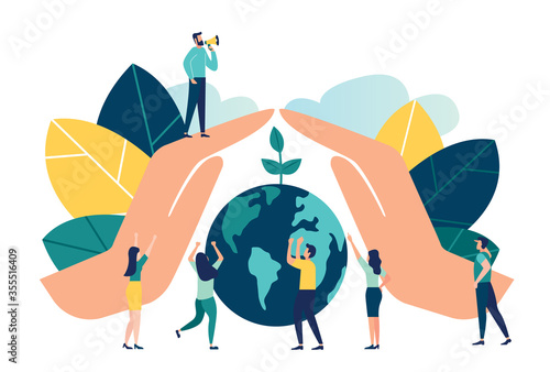 vector illustration, hands close the planet from pollution, save the planet, a small process of a plant, save energy, Earth Day concept - vector