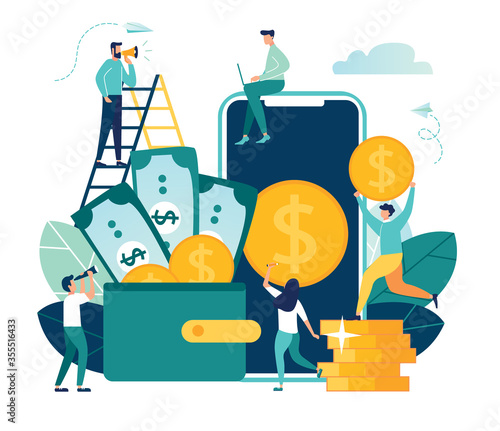 vector illustration of virtual business assistant. flat icon on smartphone is merged all accounts, money, cards investment management. graphic design business concept mobile assistant, mobile banking.