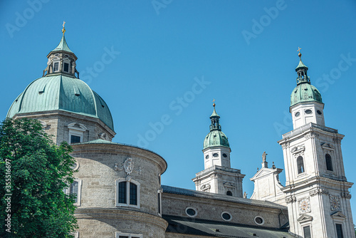 The Residenzplatz square with DomQuartier, Salzburg's cathedral-museum complex , UNESCO world heritage in the Old Town of Salzburg, Austria.