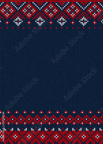 Handmade knitted abstract background pattern with scandinavian ornaments. White, red, blue colors. Flat style.Greeting Card, poster, banner, invitation template