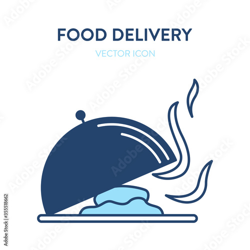 Metal platter icon. Vector concept illustration of a slightly open metal plate with steaming fragrance food inside. Represents a concept of serving food, eating in a restaurant, haute cuisine