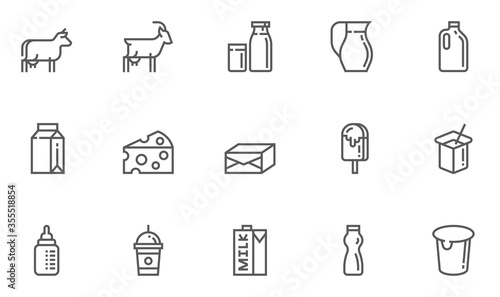 Milk  Dairy Produce  Milk Products Vector Line Icons Set. Milk Production  Cow s Milk  Goat s Milk  Cheese  Yogurt  Ice Cream  Carton Of Milk. Editable Stroke. 48x48 Pixel Perfect.