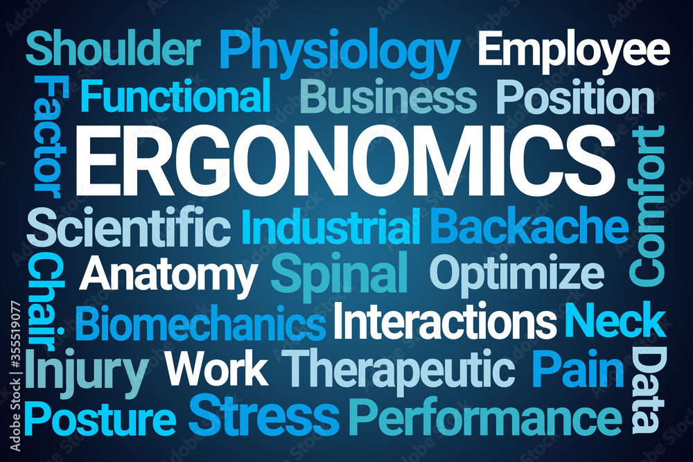 Ergonomics Word Cloud on Blue Background Ergonomics Word Cloud on Blue Background