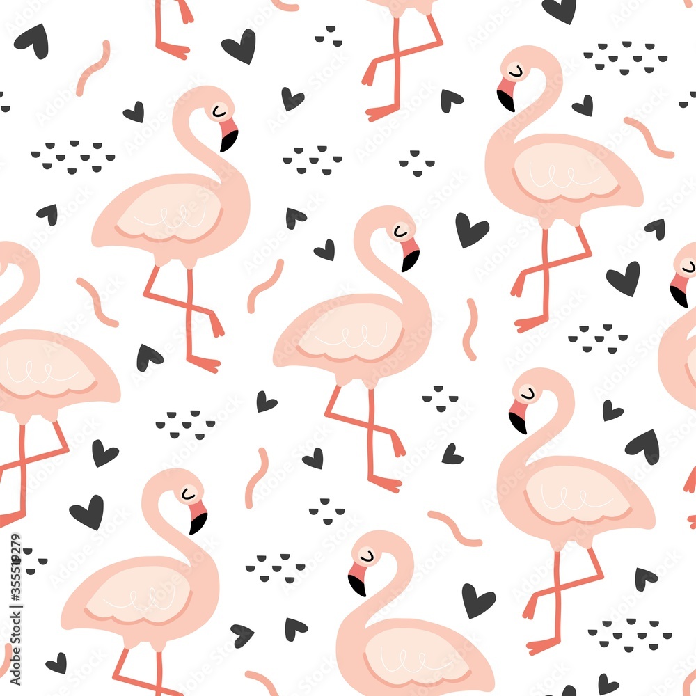Fototapeta premium Seamless pattern with flamingo birds, hearts and geometric shapes