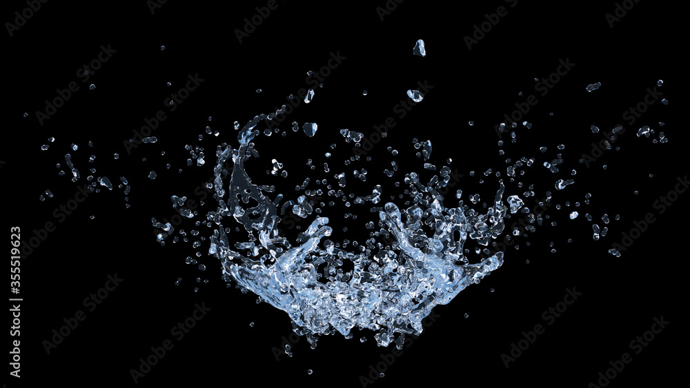 Water Splash on black background. Macro camera. 3d illustration.