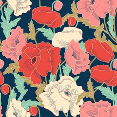 Acrylglasbilder Mohnblumenmuster Buntes Volkskunst Blumenmuster mit Blättern  © nataliiaku