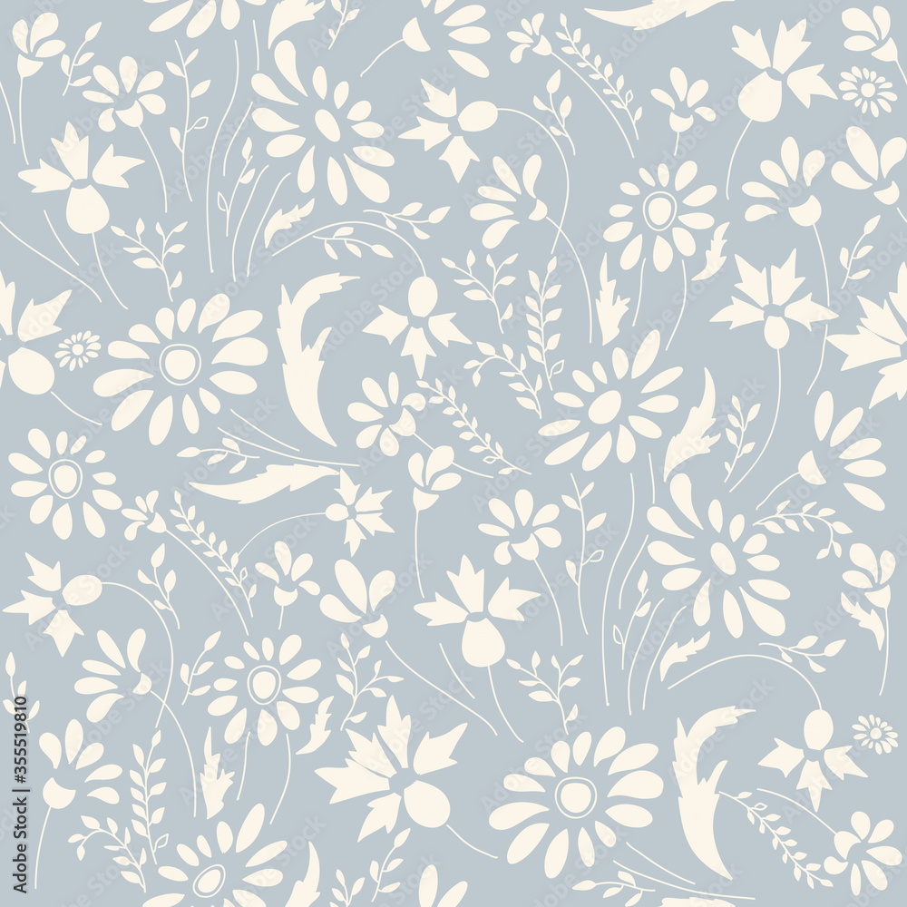 Seamless floral pattern in folk style with wildflowers, leaves. Hand drawn. Vector illustration