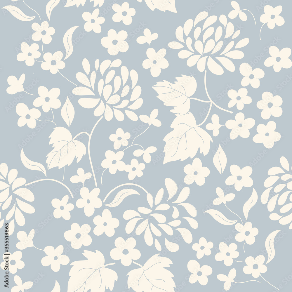 Seamless floral pattern in folk style with wildflowers, leaves. Hand drawn. Vector illustration