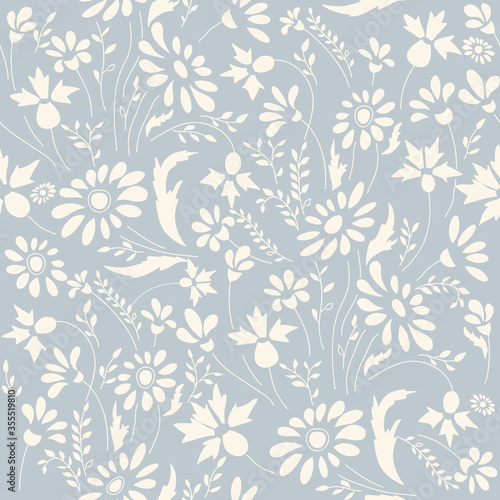 Seamless floral pattern in folk style with wildflowers  leaves. Hand drawn. Vector illustration