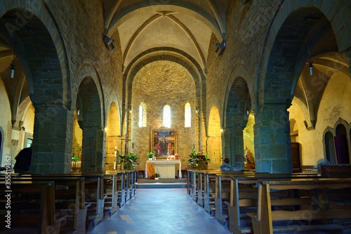 The interior of the beautiful church of Santa Maria and San Leonardo  divided into three naves covered by fourteenth-century cross vaults located at Artimino  Prato  Tuscany  Italy