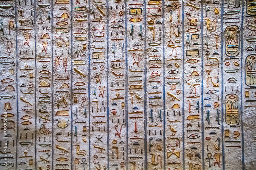 Ancient burial chambers for Pharaohs with hieroglyphics at the valley of the kings, Luxor, Egypt. 