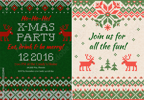 Knitted Invitation to the Christmas X-mas party. Front and back sides. Handmade knitting abstract background pattern with text and scandinavian ornaments. White, red, green colors. Flat style