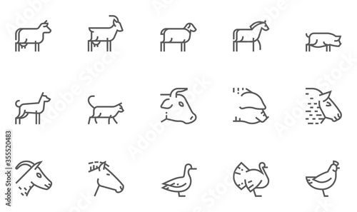 Farm Animals Vector Line Icons Set. Livestock, Poultry, Animal Husbandry, Cattle Breeding. Editable Stroke. 48x48 Pixel Perfect.