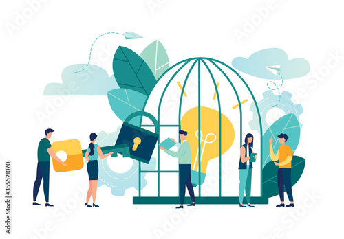 Vector illustration, creative concept idea key to success, light bulb under lock and key, energy and symbol, search for new creative thoughts