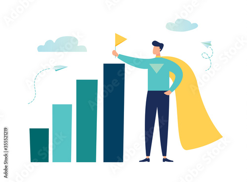 Vector illustration, move up motivation, the way to achieve the goal, the superhero puts the flag on the last scale