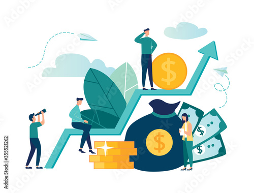 Vector illustration on white background. business brings a successful team, moving up, investing money in creative projects