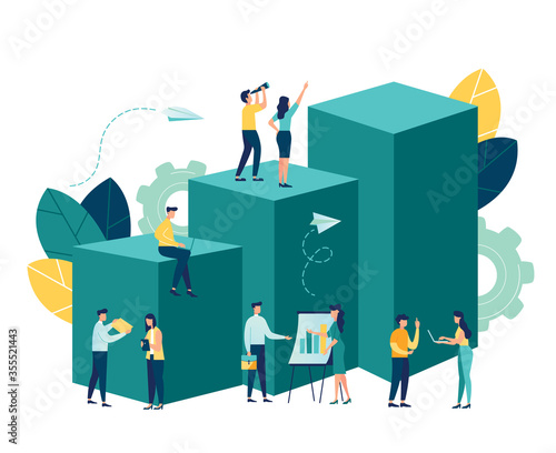 Vector business illustration, leadership qualities in a creative team, direction to a successful path, overcoming obstacles on the way to success, high level of work, the team rejoices the winner - Ve