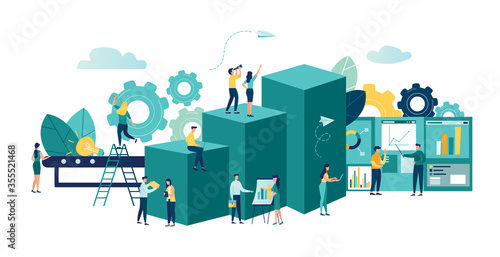 Vector business illustration, leadership qualities in a creative team, direction on a successful path, overcoming obstacles to success, high level of work, the team rejoices over the winner, productio