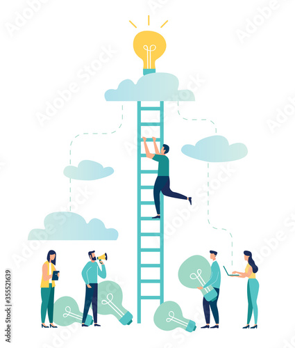Vector creative illustration of business graphics, the company is engaged in a joint search for ideas, filled with ideas of thought and analysis, replacing the old with the new - Vector 