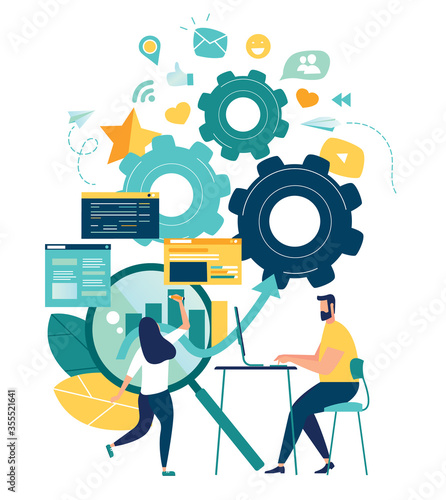 vector illustration, online assistant at work. promotion in the network. manager at remote work, searching for new ideas solutions, working together in the company, brainstorming - Vector 