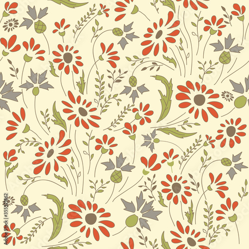 Seamless colorful floral pattern in folk style with flowers, leaves. Hand drawn. Vector illustration.